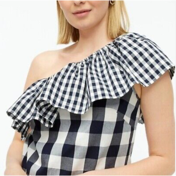 J Crew Top Womens 2 Navy Gingham Plaid Cotton Stretch Poplin Ruffle One Shoulder - Picture 11 of 12